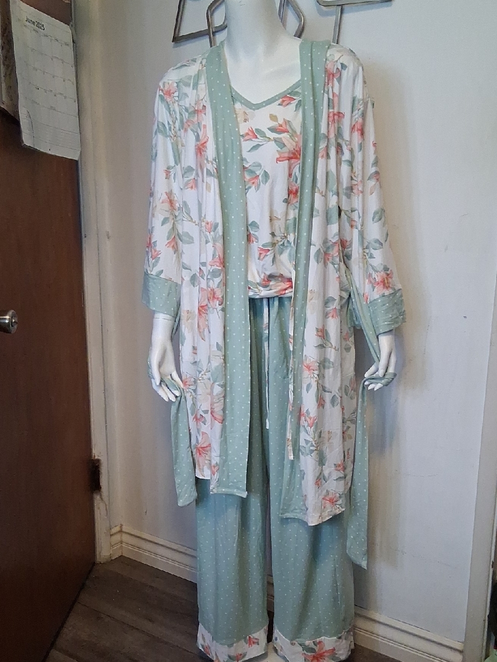 Flora Nikrooz Mint Green Floral 3-Piece Pajama Set with Robe